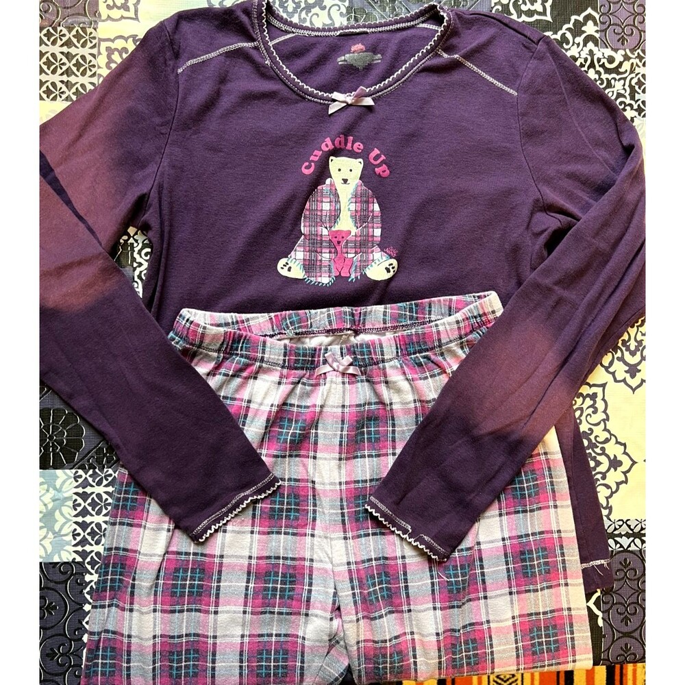Cuddl Duds Vintage Y2K Purple Top Plaid Flannel Bottom Sleepwear Size M Youth